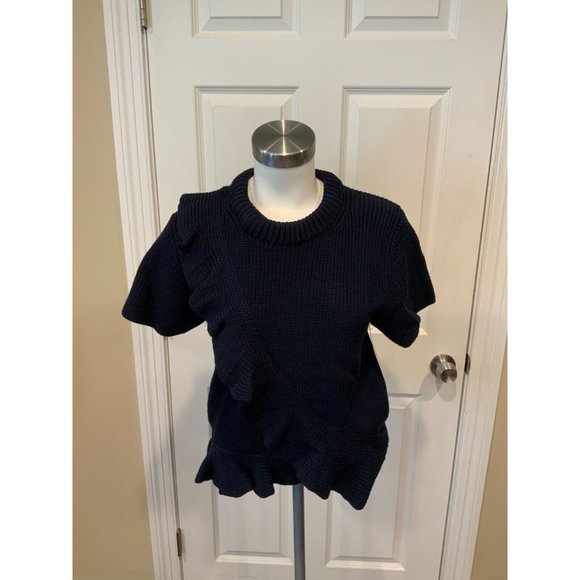 SEA New York Navy Blue Wool Short Sleeve Crew Neck Sweater w/ Ruffles, Size M - Picture 1 of 7